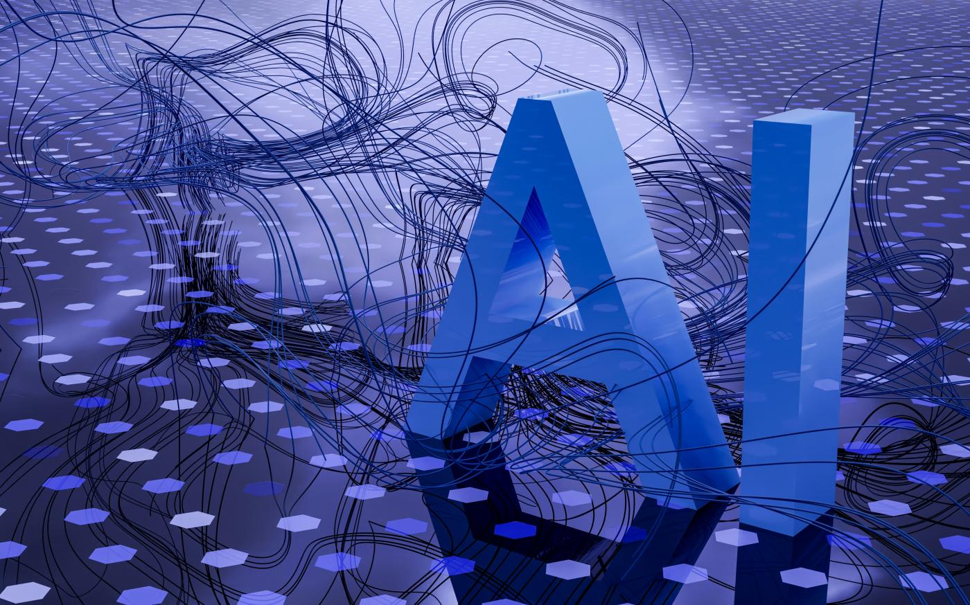 3D rendered ai text on dark digital background by Steve A Johnson courtesy of Unsplash.